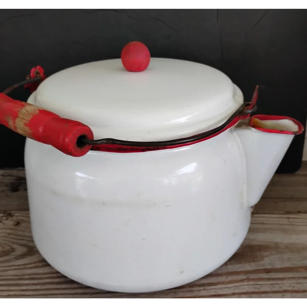 🏕️🚙Enamelware Kettle Coffee Pot White Red Wood Handle Farmhouse Camp Cowboy